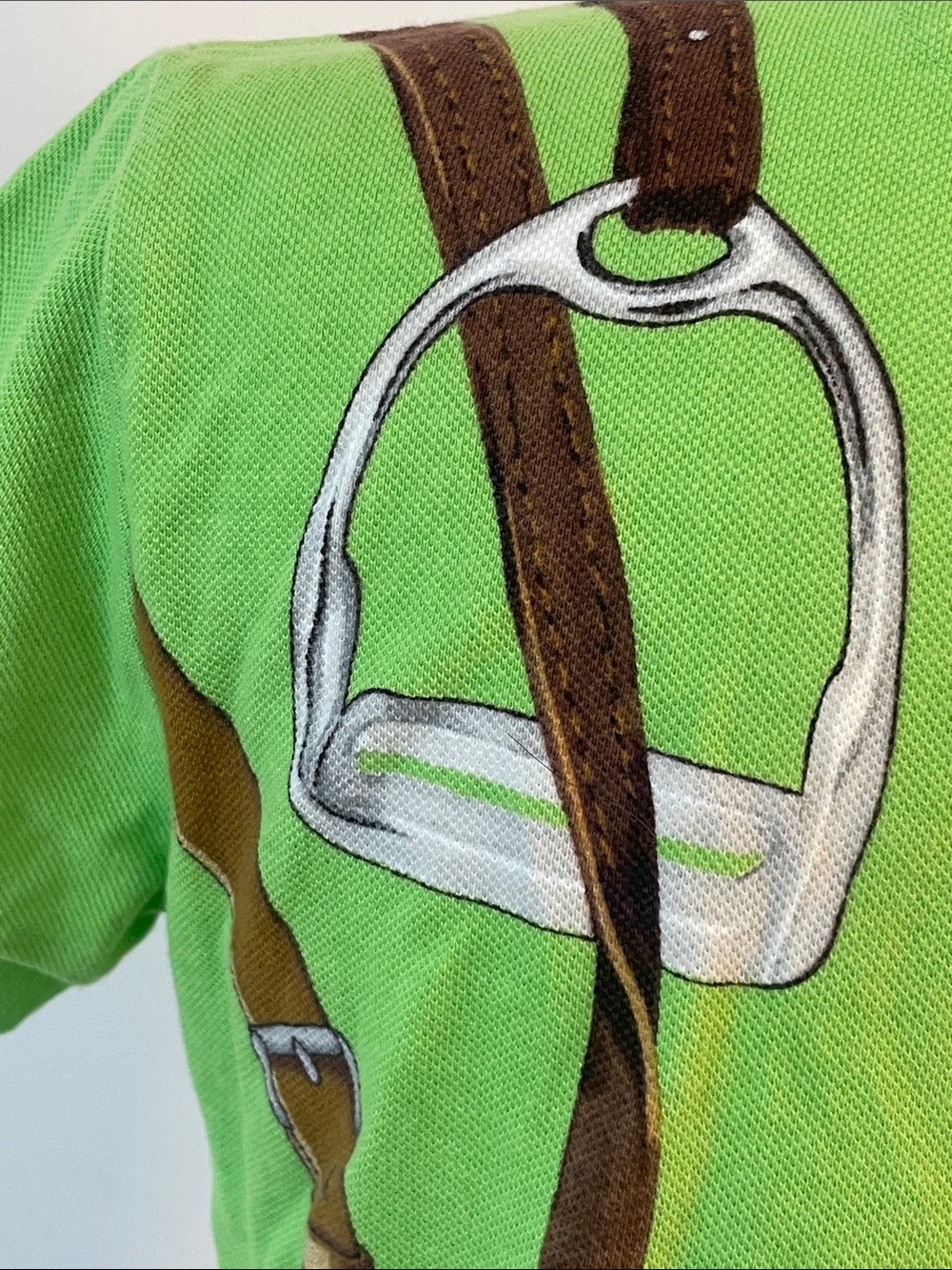 Vintage Polo Ralph Lauren Equestrian Polo Shirt Bridle Saddle Print Lime Green S - Picture 10 of 13